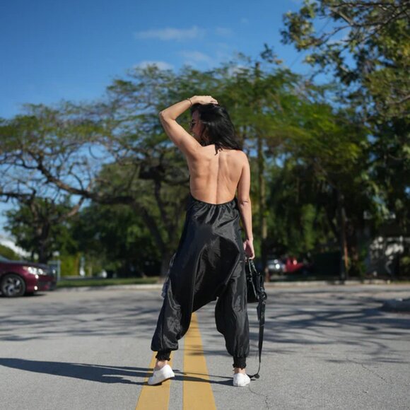 Savannah Black Metallic Jumpsuit Relaxed Harem Fit Adjustable Straps Side Pocket - Picture 3 of 4